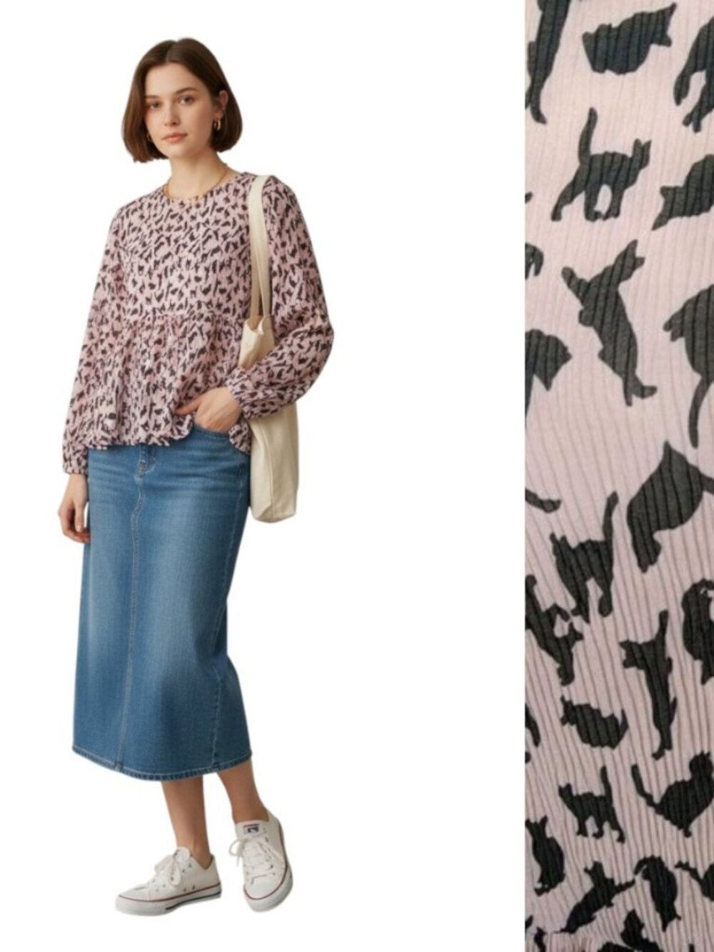 Cat Print Babydoll Top Womens XL Pink Plisse Blouse Long Balloon Sleeve Light